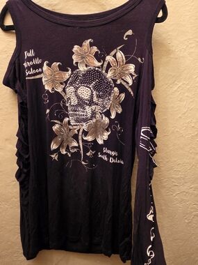 Full Throttle Saloon Sturgis Rhinestone Skull Cold Shoulder Biker Top M/L